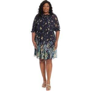 London Times Women 16W Ruffle Mock Neck Raglan Sleeve Dress with Border Printed